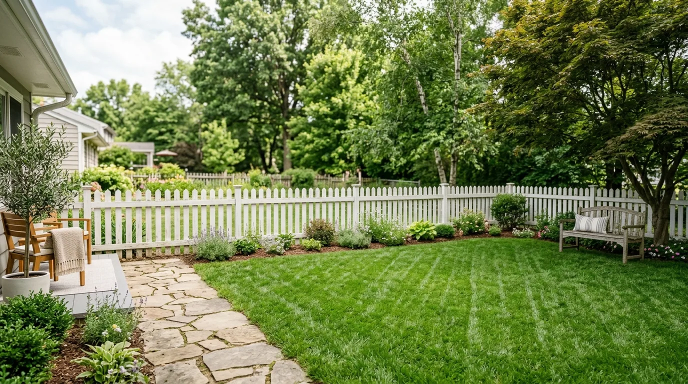Minimalist Backyard With Low White Picket Fence